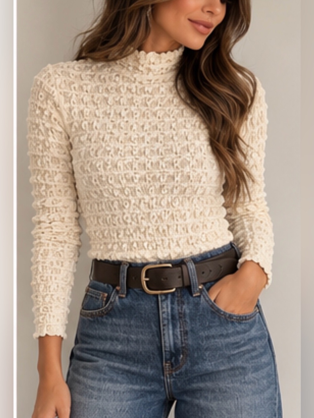 Sanctuary Women's Cream Textured Mock Neck Sweater - Cream Long Sleeve Top